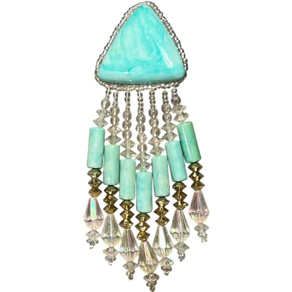 Single Vintage Turquoise Triangle Statement Earring Crystal Fringe - Picture 1 of 11